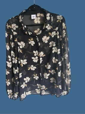 CAbi Black Floral Sheer Button-Front Blouse